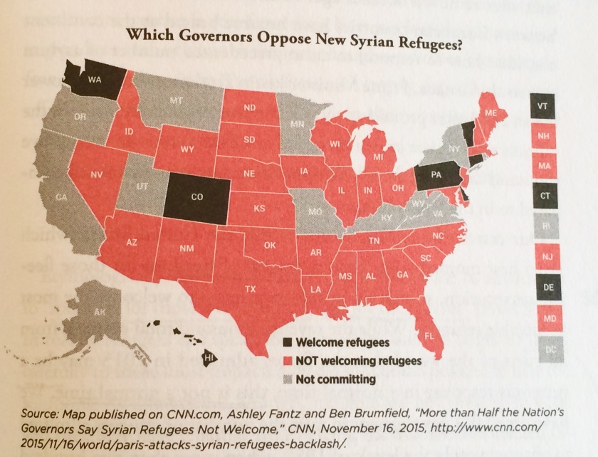 Which Governors Oppose New Syrian Refugees? 11/16/15 from "Seeking Refuge" pg. 173. Used with permission. (Does this map surprise you? Make you feel safe? Make you feel distressed?)